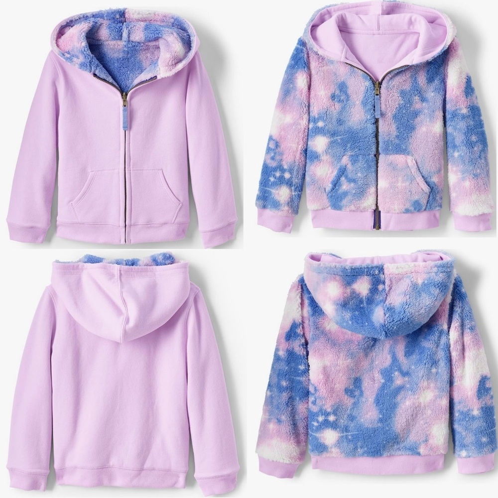 Lands' End Pattern Sherpa Lined Hoodie Lilac Thistle Galaxy Tie Dye Kids Husky